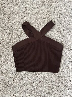 Babaton Dark Brown Ribbed Cross-Strap Crop Top